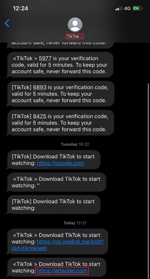 измененное хакером SMS от TikTok